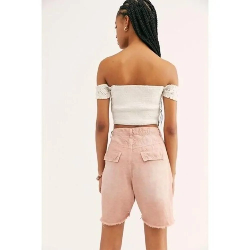 NWT Free People Utility Harem Raw Hem Bermuda Short Braided Rose Pink Linen 2 - Picture 2 of 9